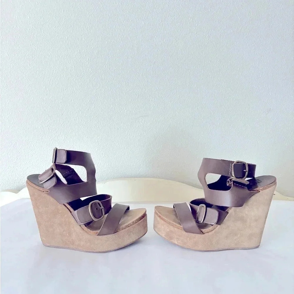Pedro Garcia Spanish Brown Suede Wedge Strappy Leather Buckle Sandals Size 6